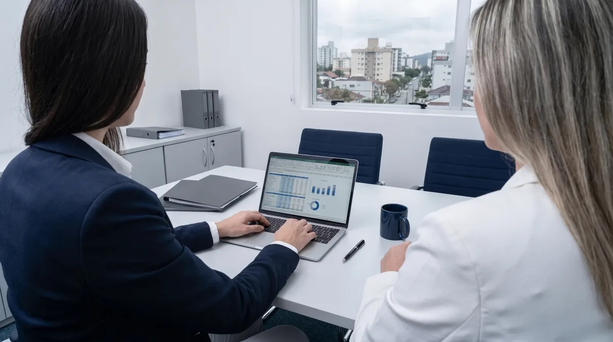 Atendimento a uma cliente com relatório financeiro no notebook Atendimento a uma cliente com relatório financeiro no notebook